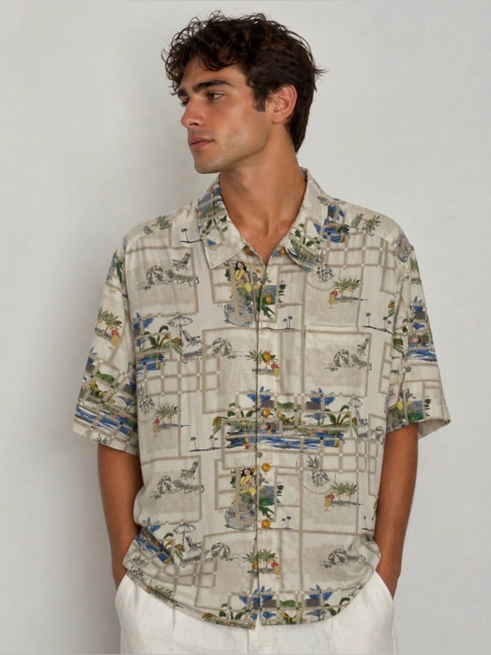 Tommy Bahama 100% Silk Hawaiian Beach ResortWear Button-Up Shirt Casual Size M
